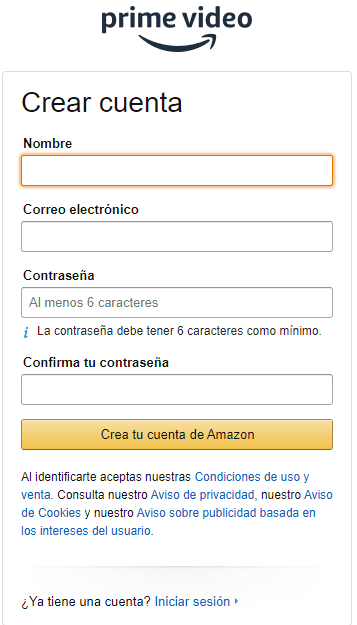 crear cuenta amazon prime video