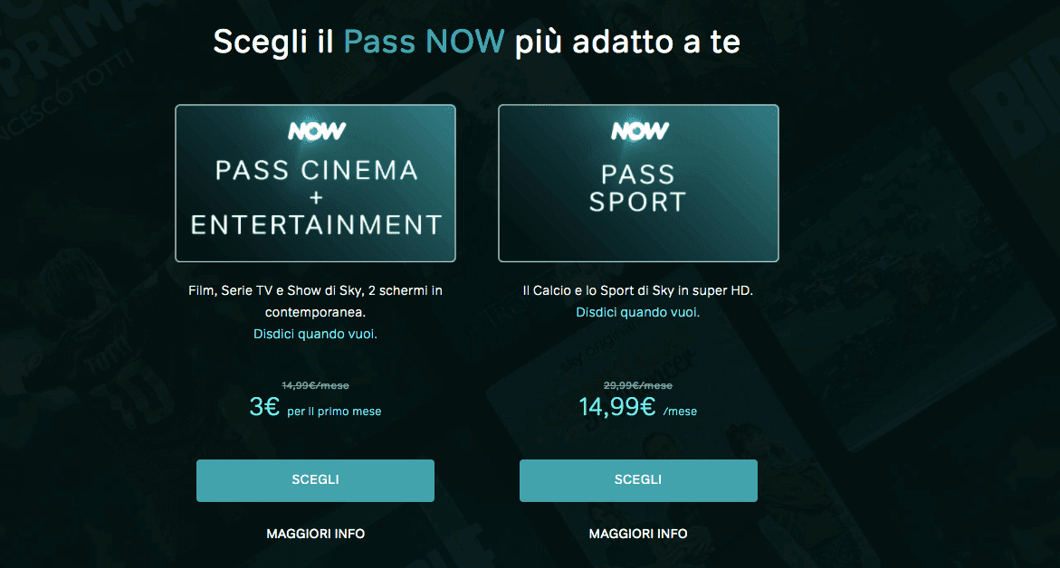 NOW TV offerta €12 di sconto il primo mese