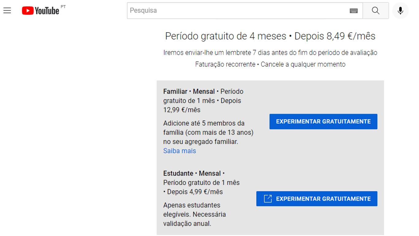 Youtube Premium preço e planos