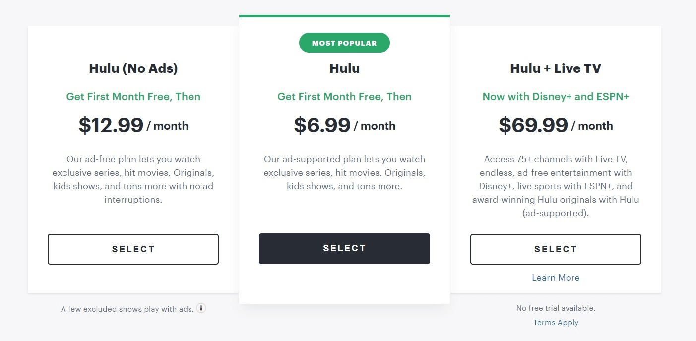 Hulu Basic plans and prices including Hulu no ads and Hulu with ads. 